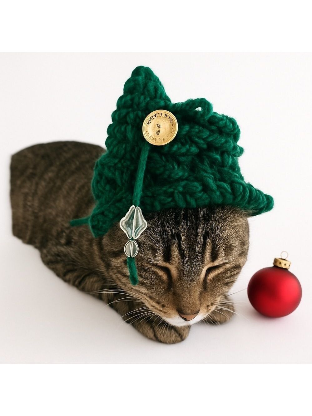 Handmade Christmas Tree Hat for Cats or Small Dogs Crochet Holiday Pet Costume